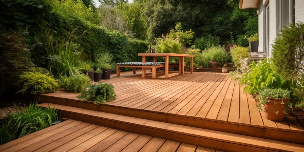 Große Holzterrasse mit Pflanzkübeln