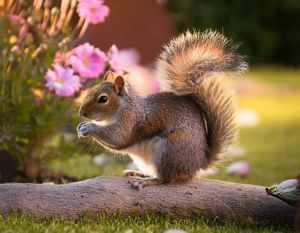 Niedliches Eichhörnchen sitzt im Garten auf einem Baumstamm und knabbert an einer Nuss.