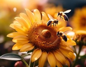 Mehrere Bienen tummeln sich auf einer Sonnenblume.