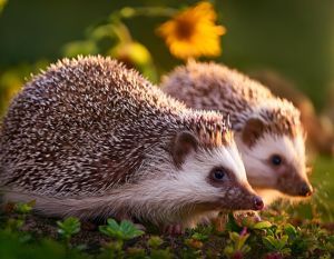 Igelpärchen beim Spaziergang im Garten