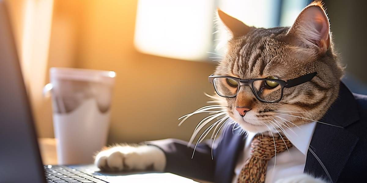 Kater im Business Outfit sitzt am Schreibtisch. Vor Ihm ein Laptop, rechts eine Kaffeetasse, links ein Handbuch,