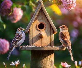 Zwei Singvögel sitzen im Garten vor einem Vogelhäuschen.