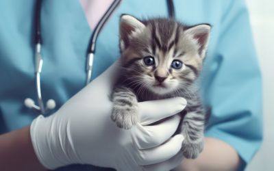Tierärztin mit weissen Handschuhen hält ein süsses Kitten