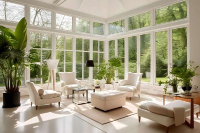 Schöner in weiß gehaltener Wohnwintergarten mit großen Fenstern und einer beigefarbenen Sitzgarnitur.