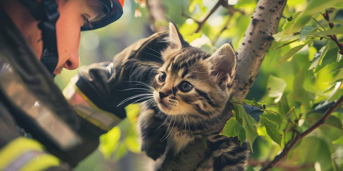 Feuerwehrmann rettet kleines Kätzchen aus einem Baum