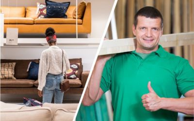 Eine Frau steht im Möbel-Mitnahmemarkt und begutachtet ein Sofa | Ein Handwerker mit Holzlatten auf der Schulter im Baumarkt.