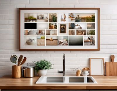 Collage-Rahmen mit mehreren kleinen Bildern, an einer Küchenwand über der Arbeitsplatte positioniert